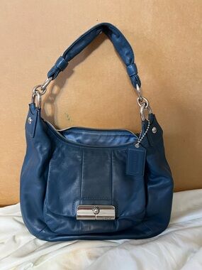 Coach Navy Leather Shoulder Bag with Silver Hardware